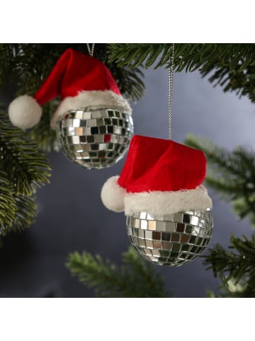 4x Weihnachtsbaumschmuck Discokugel mit Nikolausmütze H: 7cm in silber