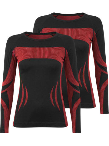 2x Damen Thermooberteil Langarm Shirt Skiunterwäsche in Schwarz/Rot
