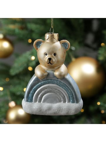 Weihnachtsbaumschmuck Teddybär mit Regenbogen Glas H: 13,5cm in blau