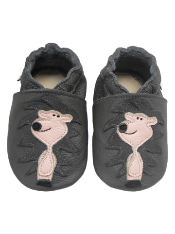 Graue Leder Krabbelschuhe für Babys mit rutschfester Sohle – Löwen-Muster