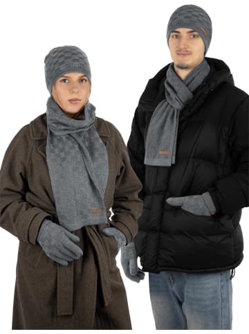 Set - Schal, Mütze und Handschuh aus Merinowolle Yuma in Grau