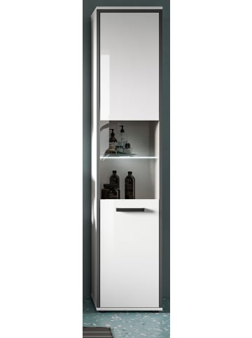 Hochschrank weiß Hochglanz, grau 40 cm, Badschrank, Türanschlag wechselbar