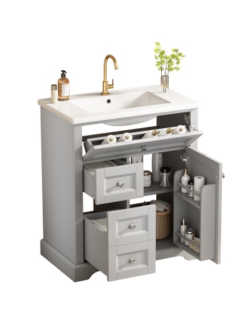 Waschbeckenunterschrank in Grau 76x46x87 cm mit Soft Close Türregalen verstellbar