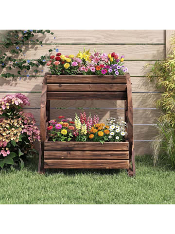 Blumenkasten mit Wagenrad in Braun
