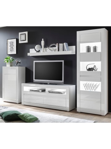 Wohnwand 4-teilig Hochglanz weiß 302 cm, Anbauwand mit Soft-Close