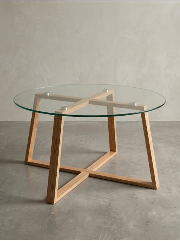 Couchtisch Eiche, Modern, Transparente Glasplatte, Überkreuztes Gestell