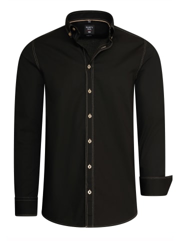 Langarm Slim Fit Hemd mit Kontrast-Naht in Schwarz / Camel