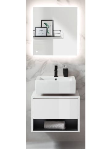 Badmöbel-Set 2-teilig weiß Hochglanz, grau mit LED Beleuchtung, 60 x 190 cm