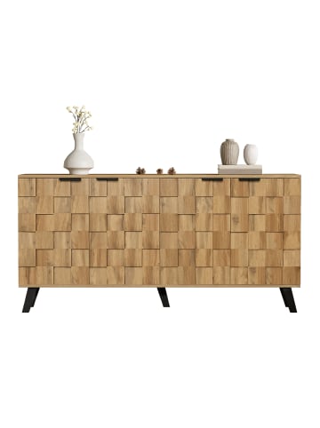 Sideboard in Schwarz mit 4 strukturierten Türen 160,5x35,5 cm und Holzoptik