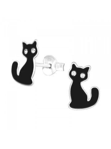 Ohrstecker KATZE schwarz Kristall weiß in 925 Sterling Silber, 2-tlg.
