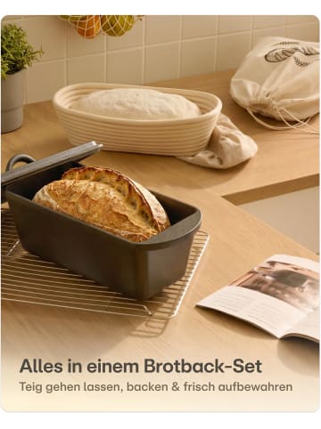 Gusseisen Brottopf Set Rechteckig 3L mit Gärkörbchen & Leinenbeutel
