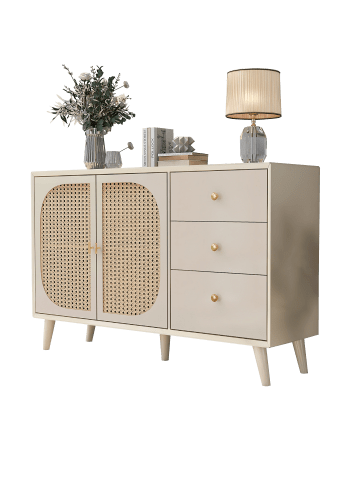 Sideboard in Cremeweiß mit Rattantüren und 3 Schubladen 120x40cm