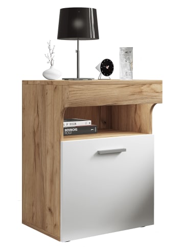 Holz Nachttisch Nachtschrank Schublade Slepal M in Honig-Eiche / Weiß