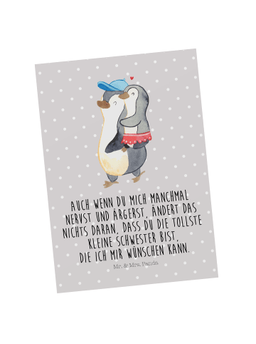 Postkarte Pinguin Kleine Schwester mit Spruch in Grau Pastell