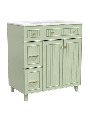 Badezimmerschrank in Grün mit Waschbecken Keramik 81,7 cm Massivholzfüßen