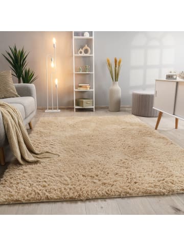 Hochflor Teppich Shaggy waschbar Unifarben Schlafzimmer in Beige