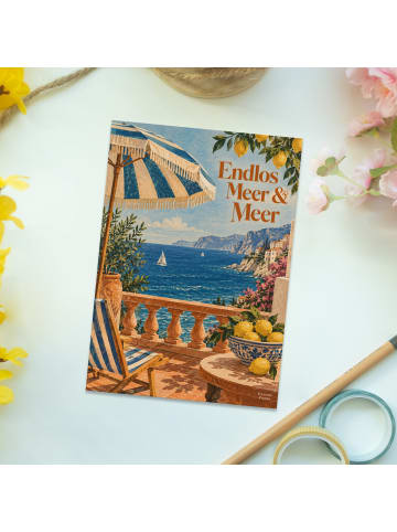 Ansichtskarte Meer mediterran Design mit Spruch in Weiß