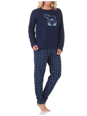 Normann Damen Pyjama Schlafanzug langarm mit süßem Teddy - 88892 in navy
