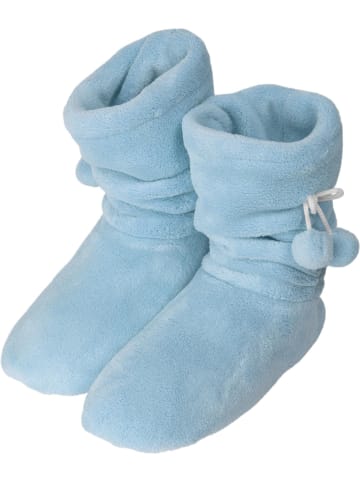 Damen-Fleece-Hausschuhe mit Bommeln in Hellblau