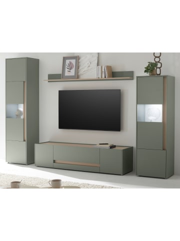Wohnwand Set 4-teilig 310 cm, Salbei grün, Eiche, Komplettset mit viel Stauraum