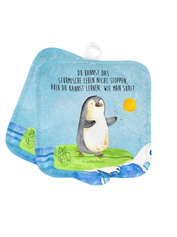 Topflappen Pinguin Surfer mit Spruch in Eisblau