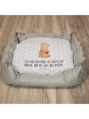 Katzenbett Bär Morgenkaffee mit Spruch in Grau Pastell