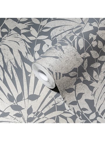 Tapete Jungle Leaves in Grau und Weiß