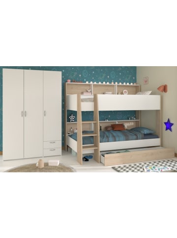 Kinderzimmer weiß, Eiche 2-teilig, Set mit Etagenbett und Kleiderschrank