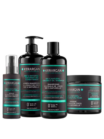 4tlg. Set: Shampoo, Spülung, Haarmaske & Serum mit Kokosöl, 3x500+100ml