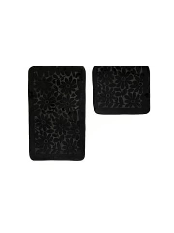 Premium 2 teiliges Bademattenset Waschbar in Schwarz-Blume
