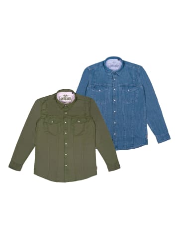 Hemd Dynasty Denim in Green, Mid Blue