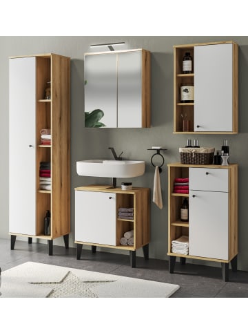 Badmöbel-Set 5-teilig weiß, Evoke Eiche, Badkombination 182 x 190 cm