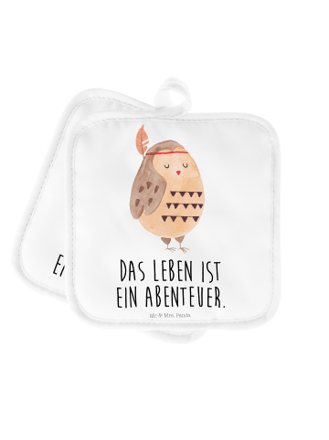 Topflappen Eule Federschmuck mit Spruch in Weiß