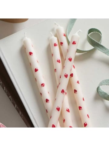 DÜNNE Kerze Weiß mit Roten ERDBEEREN Ø 1,3 cm Länge 20 cm 5er Set