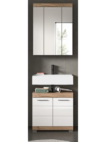 Badmöbel-Set weiß Hochglanz, Eiche 2-teilig 60 cm mit viel Stauraum