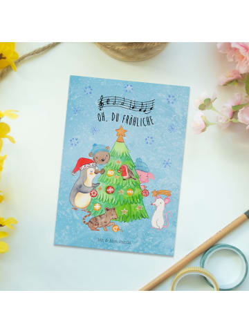 Postkarte Weihnachtsbaum schmücken mit Spruch in Eisblau