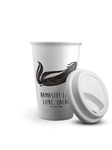 Thermobecher Stinktier Yoga mit Spruch in Weiß