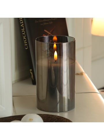 LED Kerze im Glas Windlicht flackernd D: 10cm H: 17,5cm in grau