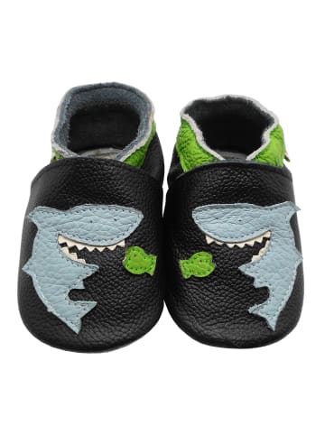 Leder-Krabbelschuhe "Hai" in Schwarz