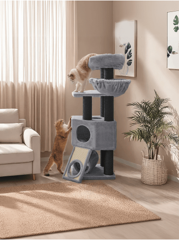 Katzenbaum Clawfy in Hellgrau-Schwarz - (B)50 x (H)141 x (T)50 cm