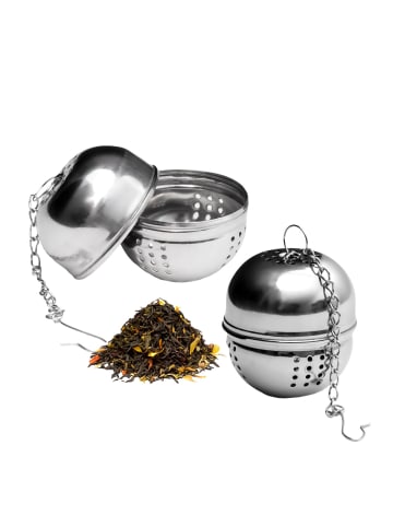 Tee-Ei 2er Set Edelstahl Teesieb mit Kette für losen Tee in Silber