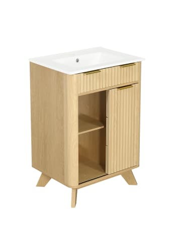 Waschbeckenunterschrank in Holzton 61 cm mit Wellenoptik 3 Schubladen