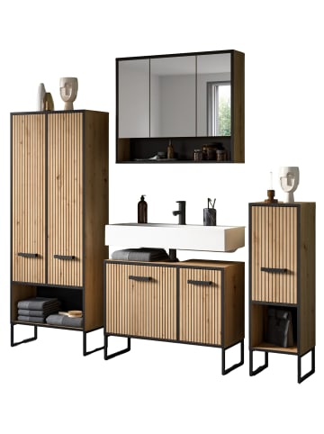 Badmöbel-Set 4-teilig Eiche Artisan, schwarz 199 cm, Kombination mit Soft-Close