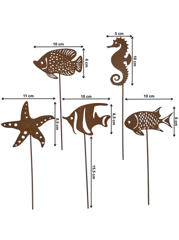 5er Set Gartenstecker Rost Fische in Braun