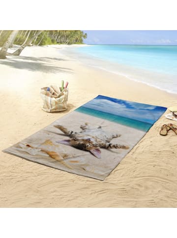 Velours-Frottier Strandtuch Beachcat in beige/blau
