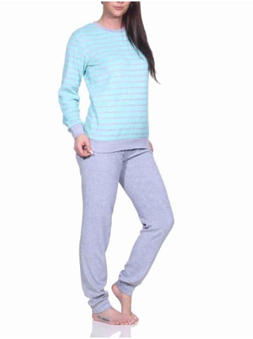 Frottee Pyjama langarm Bündchen Streifen - 71463 in mint