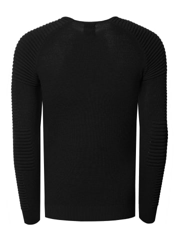 Slim Fit Feinstrick Biker Rundhals-Pullover in Schwarz