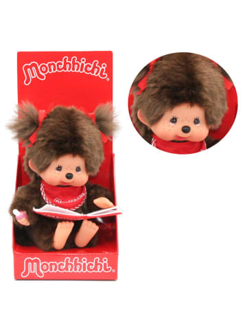 Mädchen mit Buch | 20 cm | Monchhichi Puppe | Original rotes Lätzchen