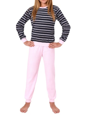 Frottee Pyjama langarm Schlafanzug Bündchen Streifen - 50622 in marine