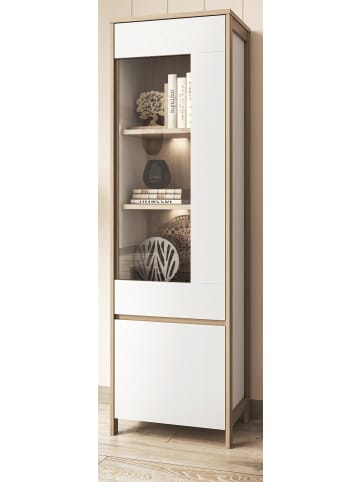 Vitrine in weiß und Eiche Vitrinenschrank skandinavisch 58 x 195 cm, Soft-Close